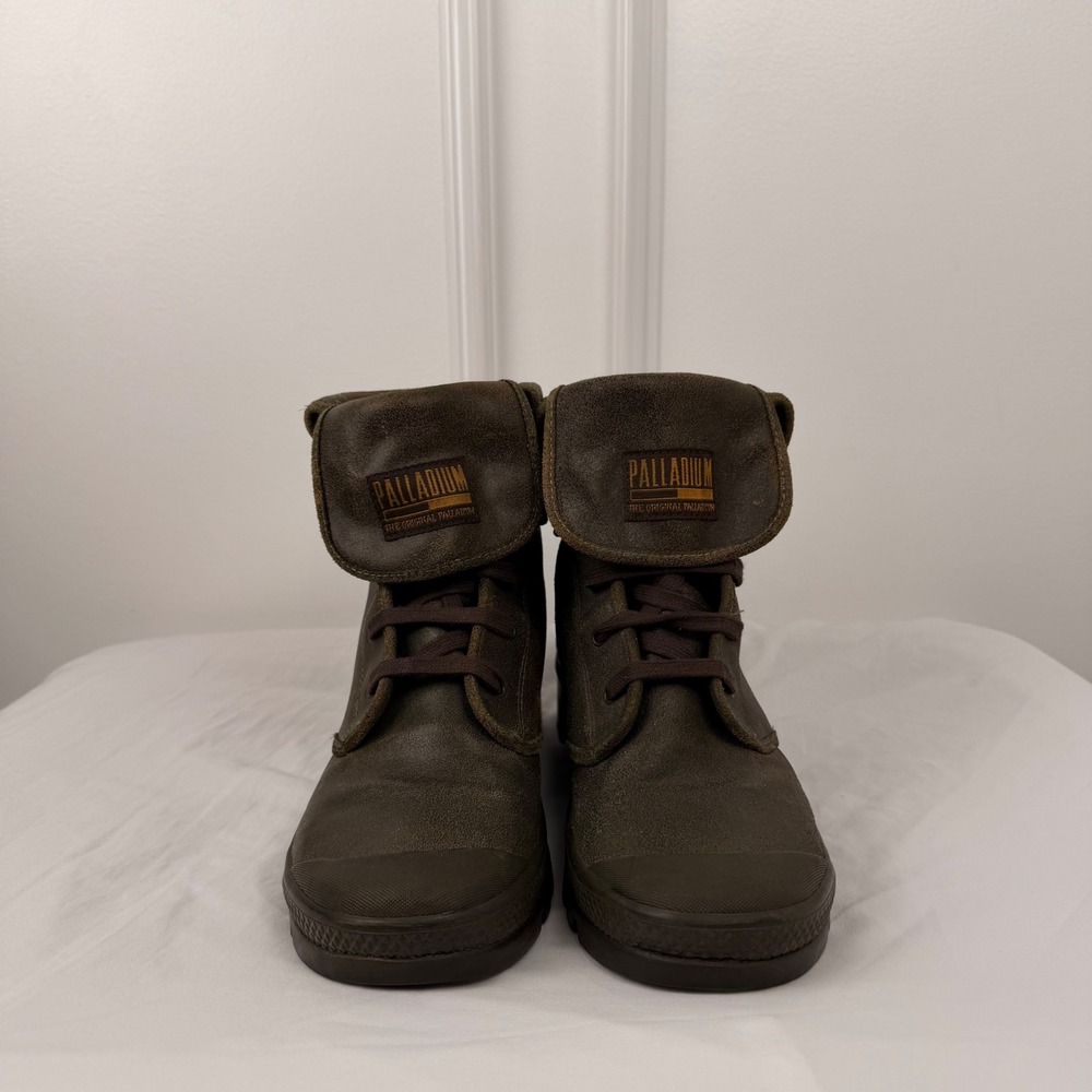 Palladium Baggy Leather Boots Mens 10 Olive Green Distressed Fold Over Combat